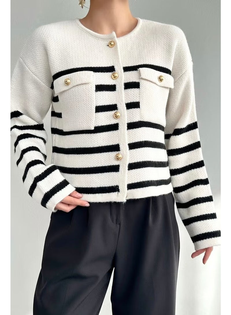 Ritnice Women's Milena Ecru Black Striped Double Pocket Gold Buttoned Cardigan - Image 3